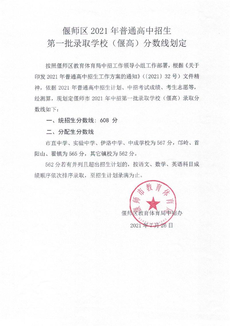 偃师区2021年普通高中招生第一批录取学校（偃高）分数线划定.png